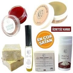 1 PİRİNÇ KREMİ+1 PİRİNÇ SABUNU  + 1 GÖZ ALTI KREMİ+1 KAŞ KİRPİK SERUMU+ 1 DUDAK DOLG +2 BITTIM SABUNU