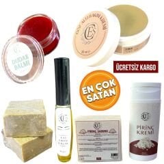 1 PİRİNÇ KREMİ+1 PİRİNÇ SABUNU  + 1 GÖZ ALTI KREMİ+1 KAŞ KİRPİK SERUMU+ 1 DUDAK DOLG +1 BITTIM SABUNU